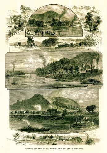 Scenes on the Ohio River, above and below Cincinnati, U.S. state of Ohio. Published in Picturesque America or the Land We Live In (D. Appleton & Co., New York, 1872)