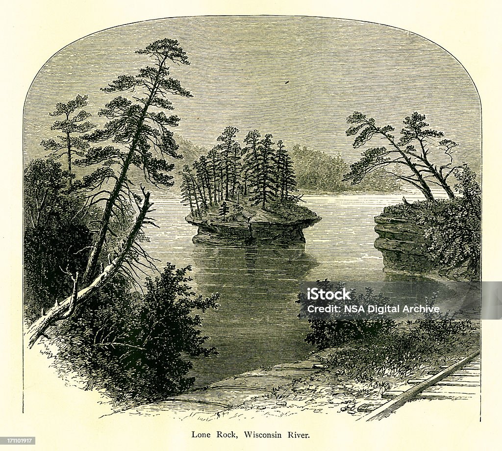 Lone Rock, Wisconsin River, USA Lone Rock on the Wisconsin River, USA. Published in Picturesque America or the Land We Live In (D. Appleton & Co., New York, 1872) Wisconsin stock illustration