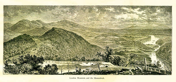 ilustraciones, imágenes clip art, dibujos animados e iconos de stock de loudoun a las montañas y el río shenandoah, west virginia - old fashioned scenics engraving river