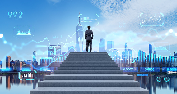 Businessman standing on concrete stairs, looking at virtual screen with lines, big business data analysis and bar chart with indicators. Concept of finance, money investment and profit