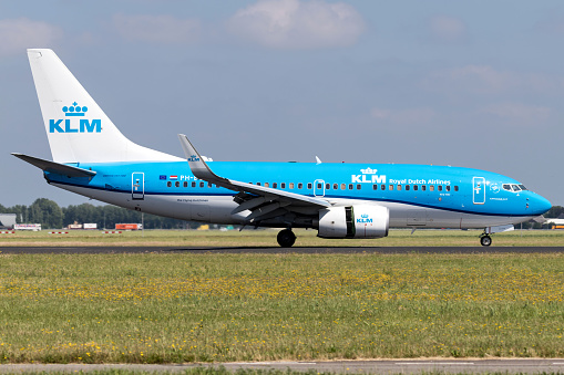 Vijfhuizen, Netherlands - June 20, 2018: Dutch KLM Boeing 737-700 with registration PH-BGG just landed on runway 18R (Polderbaan) of Amsterdam Airport Schiphol.