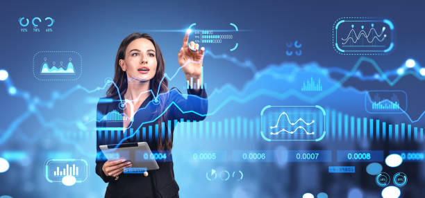 istock Woman with tablet using digital financial chart interface in city 1711027571