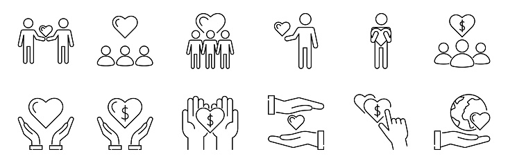 Charity line icons set. crowd, benefactor, kindness, happiness. Vector stock illustration.