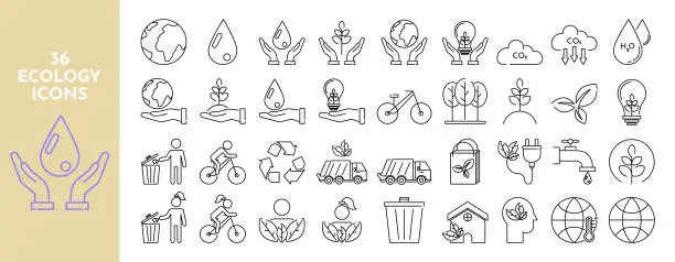 Vector illustration of Заголовок	
Ecology line icons set. Leaves, water, global warming, caring for nature, clean source, ecology, economy, nature, trees, clean air, natural products and much more. Vector stock illustration.