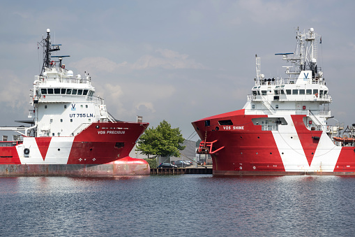 Beverwijk, Netherlands - June 15, 2018: Vroon Offshore Services platform-supply vessel ‘VOS Precious’ and subsea-support vessel ‘VOS Shine’