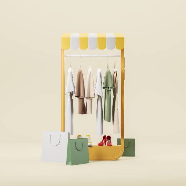 istock Clothes hanging on a rail, abstract smartphone screen with shoes and package 1711047232