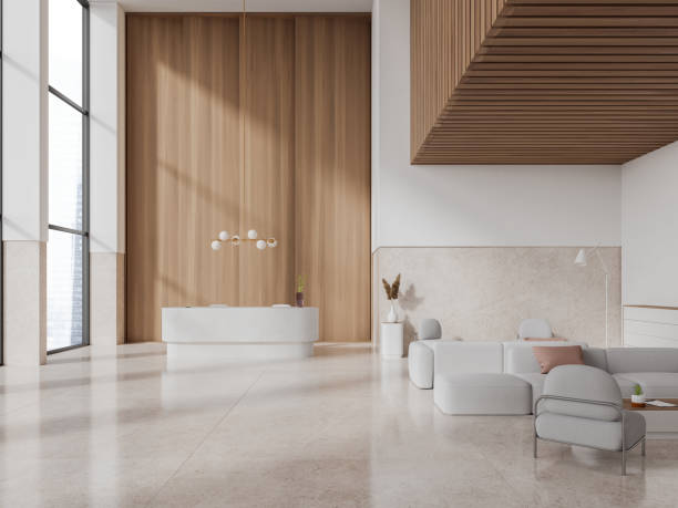istock Stylish reception interior registration and relax place, panoramic window 1711047781