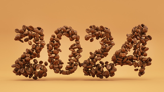 2024 New Year Concept with Coffee Beans. 2024 New Year Concept. 3D Render