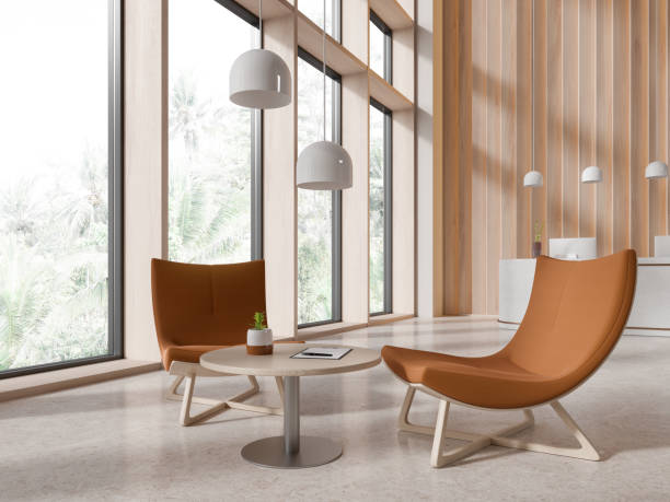 istock Cozy consulting interior with waiting area and reception desk, panoramic window 1711051617