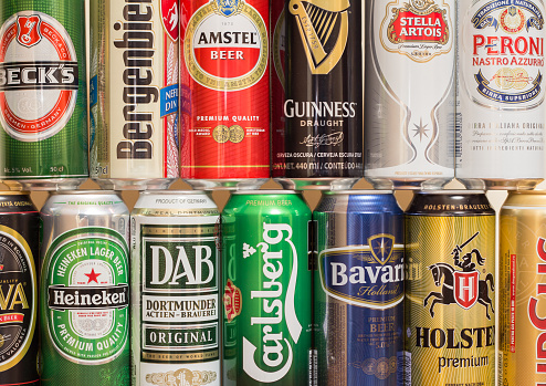 Bucharest, Romania - May 31, 2012: Different half liter cans of beer. This image contains well known beers like: Beck's, Bergenbier, Amstel, Guinness, Stella Artois, Peroni, Heineken, Dab, Carlsberg, Bavaria, Holsten and others.