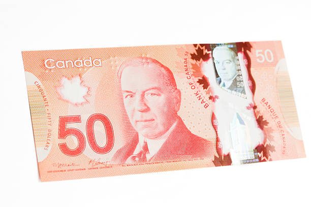 nuovo polimero banconota da 50 dollari canadesi-front - banconota di dollaro canadese foto e immagini stock