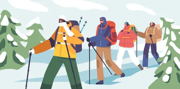 Vector illustration of Adventurous Group Of Climbers, Backpacks In Tow, Scaling Majestic Peaks, Chasing The Thrill Of The Summit