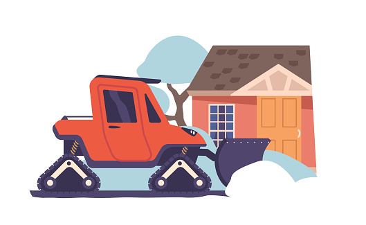 Snow-clearing Machine Diligently Sweeps Through The Street, Its Powerful Blades And Brushes Removing The Winter Blanket, Ensuring Safe And Passable Roads For All. Cartoon Vector Illustration