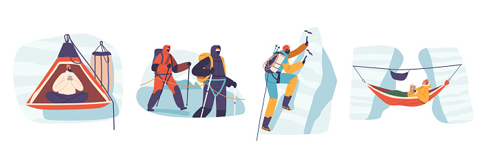 Fearless Rock Climber Characters Conquers Towering Cliffs, Defying Gravity With Every Grip And Step. Their Determination And Skill Propel Them To Thrilling Heights. Cartoon People Vector Illustration