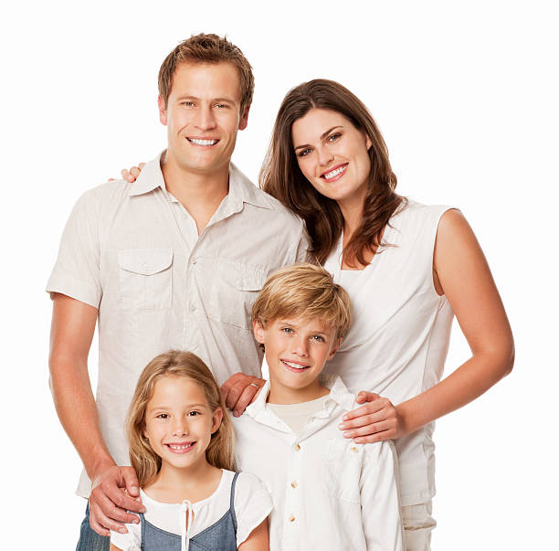 retrato de familia feliz-aislado - family white family with two children cheerful fotografías e imágenes de stock