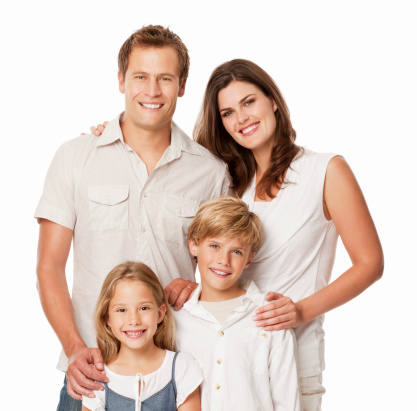 Portrait of two parents stand with arms around their children. Horizontal shot. Isolated on white.