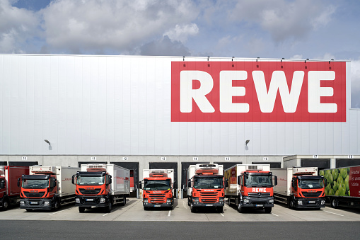 Raunheim, Germany - September 22, 2018: trucks at REWE distribution center