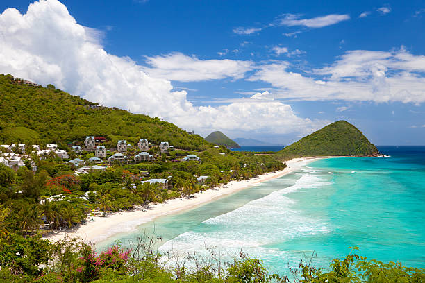 vista de alto ângulo de long bay, tortola, ilhas virgens britânicas - long bay - fotografias e filmes do acervo