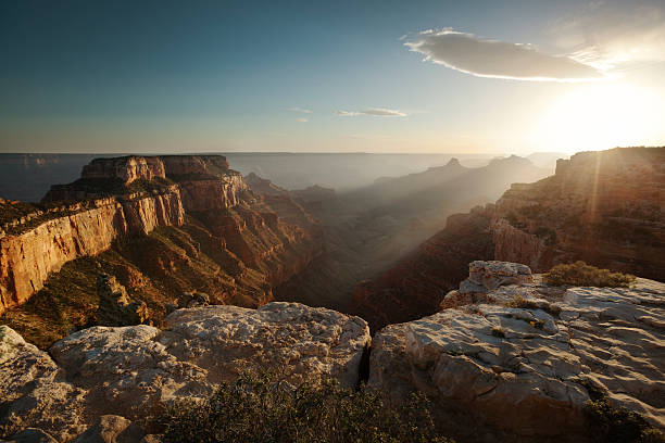 Sunset at Cape Royal of North Rim Grand Canyon Arizona Subject: The sunset view at Cape Royal of the North Rim of the Grand Canyon. cape royal stock pictures, royalty-free photos & images