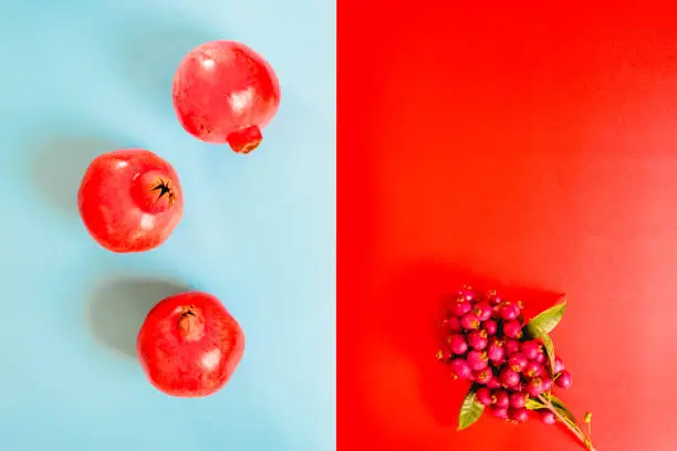 Composition with symmetrical red and blue background, and some contrast pomegranate fruits.