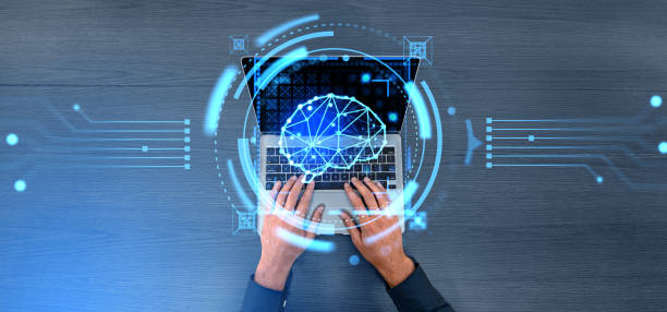 istock Man hands typing on laptop, digital AI brain hologram and machine learning 1711073143