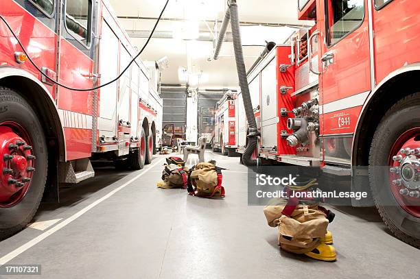 Firefighter Bunker Suit Ready For Action Stock Photo - Download Image Now - Fire Station, Firefighter, Barracks