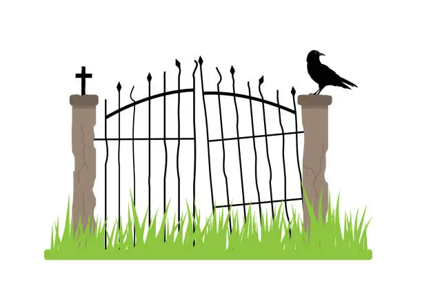 Vector illustration of Old Graveyard Gate Element with Raven Flat Style