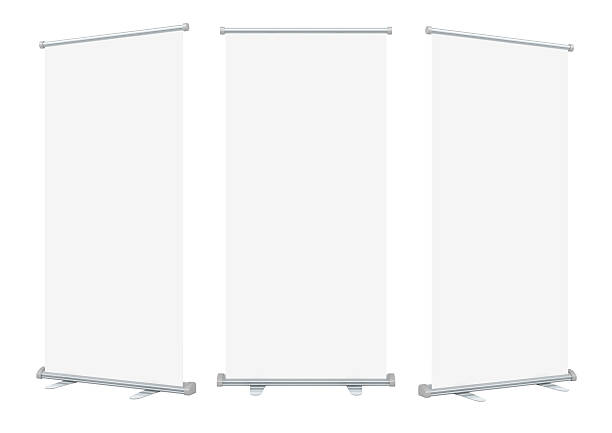Three isolated blank roll up banner displays stock photo