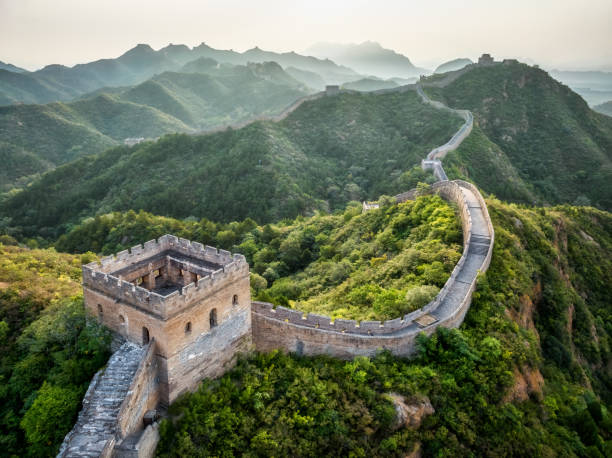 Jinshanling Great Wall of China Aerial view of Jinshanling section of the Great Wall of China in the morning badaling great wall stock pictures, royalty-free photos & images