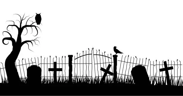 Vector illustration of Halloween Graveyard Fence Silhouette with a Raven