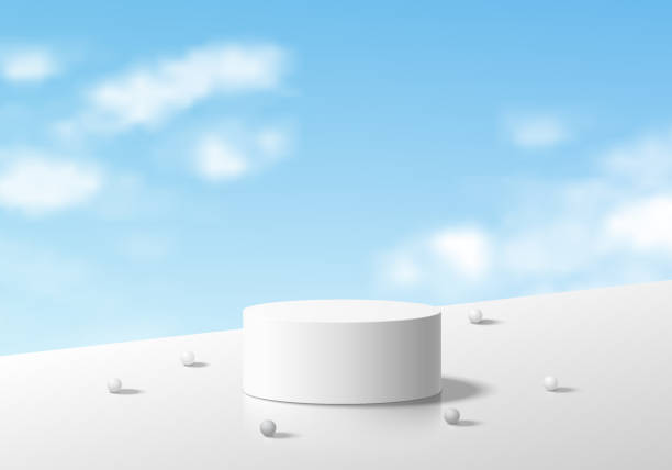 istock Abstract 3D white cylinder pedestal podium background with sphere ball and cloud, blue sky scene. Minimal mockup or product display presentation, Stage for showcase. Platforms vector geometric design. 1711084898