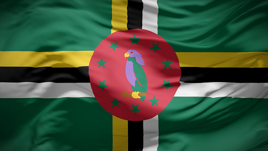 3d illustration flag of Dominica. Close up waving flag of Dominica.
