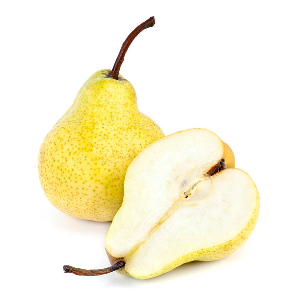 Pears Whole and half yellow pear isolated on white background. pear stock pictures, royalty-free photos & images