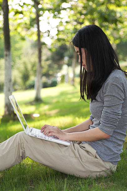 istock Woman using laptop on grassland 171109266