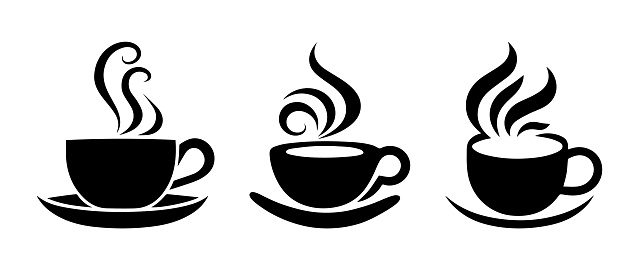Set of black cup of coffee. Can be used as icon, sign or symbol - coffee silhouette, tea cup logo. Vector illustrations isolated on white background. Cup of hot drink - logo for coffee shop or cafe.
