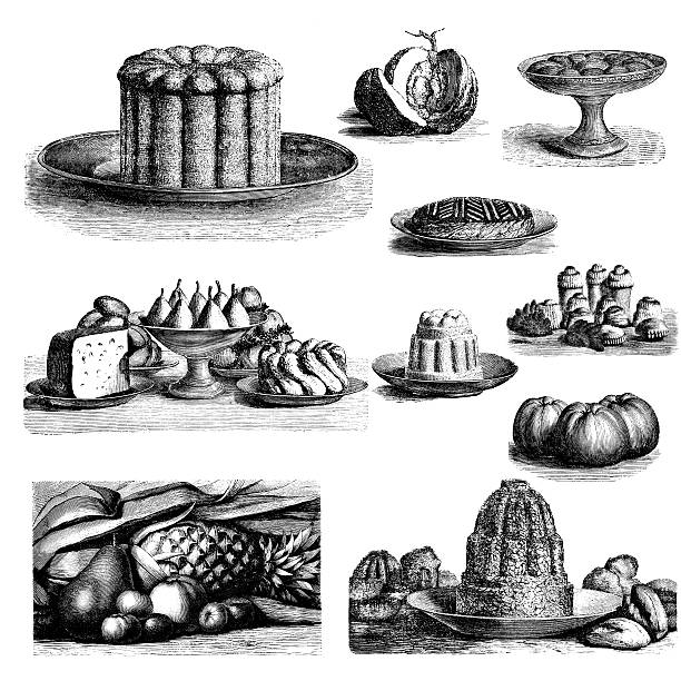 ilustrações de stock, clip art, desenhos animados e ícones de conjunto de sobremesa ilustrações/vintage comida e cozinha clipart - bolo rei