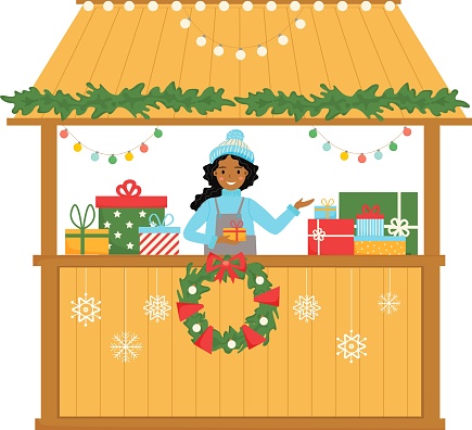 Christmas stall. Young  african american woman sells gifts at the kiosk. Christmas market. Festival stand. Vector illustration.