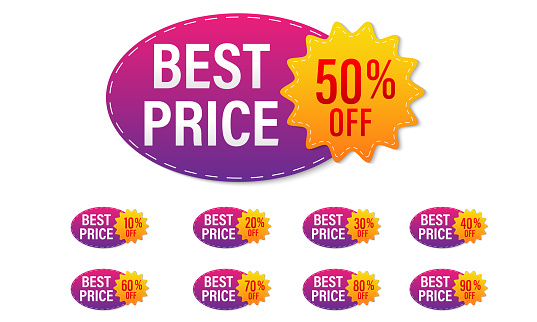 Set of discount label vector Illustration 10, 20, 30, 40, 50, 60, 70, 80, 90 percent, Promotion purple and yellow design for advertising campaign at retail clearance, special offer, tag, sticker flat.