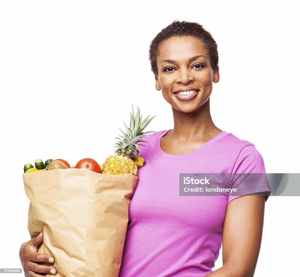 Afro-americana donna con borse della spesa isolati in modo salutare - Foto stock royalty-free di Supermercato