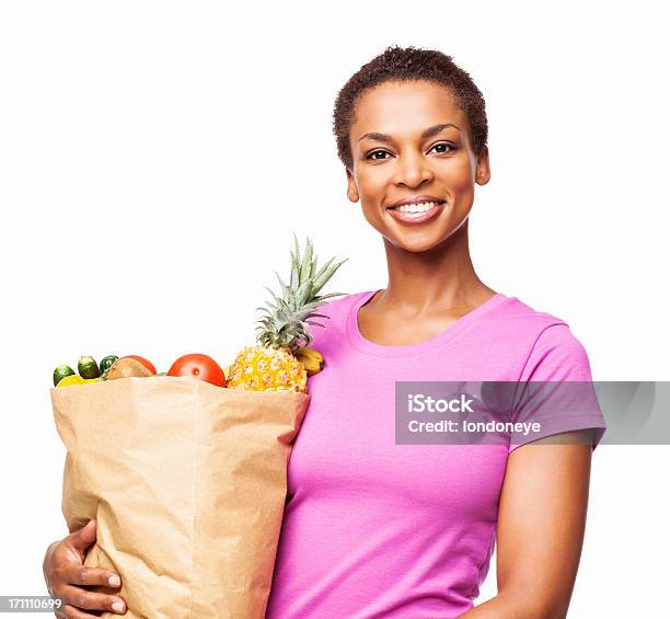 Afroamericana Mulher Segurando O Saco De Forma Saudável Merceariaisolada - Fotografias de stock e mais imagens de Supermercado