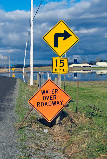 サイン水の道路上の警告 - wadi warning ストックフォトと画像