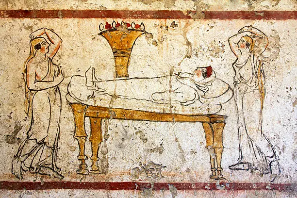 Detail of a painting depicting a funeral, found in a sarcophagus near Paestum, major Graeco-Roman city in the Campania region of Italy.Other similar in:
