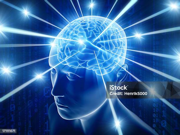 Cervello In Testa Con Hitech Cyber Tema - Fotografie stock e altre immagini di Spazio cosmico - Spazio cosmico, Neurone, Cervello umano