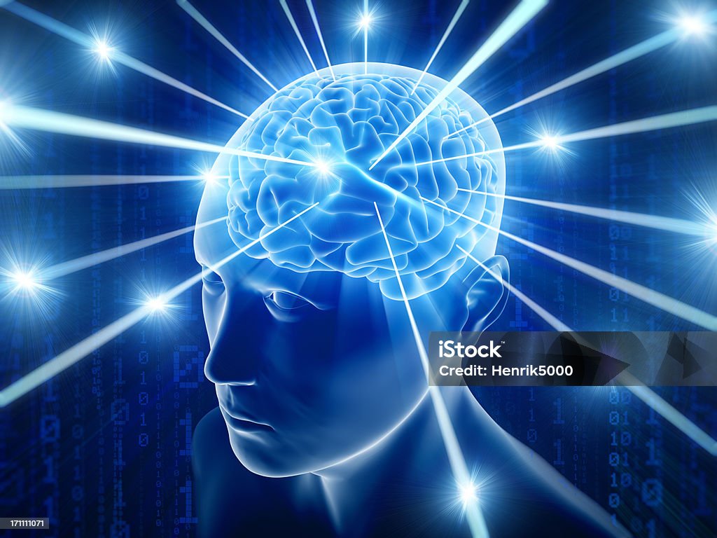 Cérebro na cabeça com alta tecnologia do cyber - Foto de stock de Espaço royalty-free