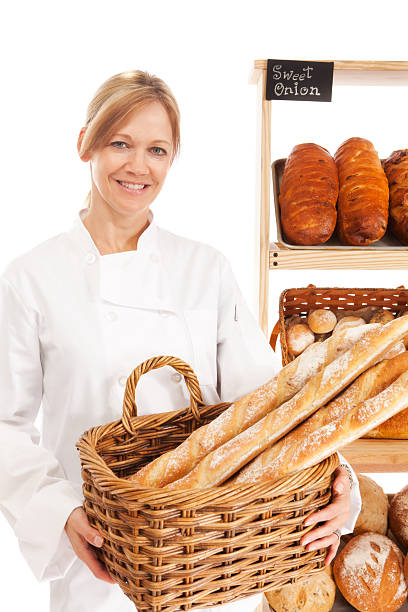 istock Baker with Basket of Baguette in Bakery on White Background 171111284