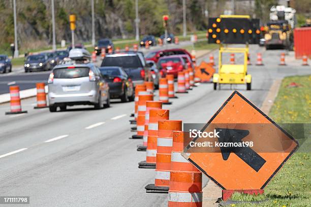 All Traffic Move Left Signs Stock Photo - Download Image Now - Road Construction, Traffic, Construction Site