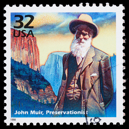 Sacramento, California, USA - March 23, 2011: A 1998 USA postage stamp with an image of conservationist John Muir in the foreground, and Yosemite Valley's El Capitan and Half Dome in the background. Muir (1838-1914) was one of the founders of the Sierra Club in 1892, and served as its president until his death in 1914.