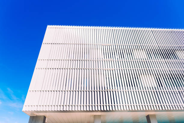 istock Wall with white metal boards and blue sky background and negative space. 1711131158