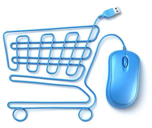 Blue computer mouse shopping cart stock photo