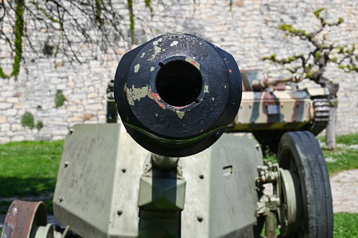 Defense of country, modern battle gun, cannon barrel. High quality photo